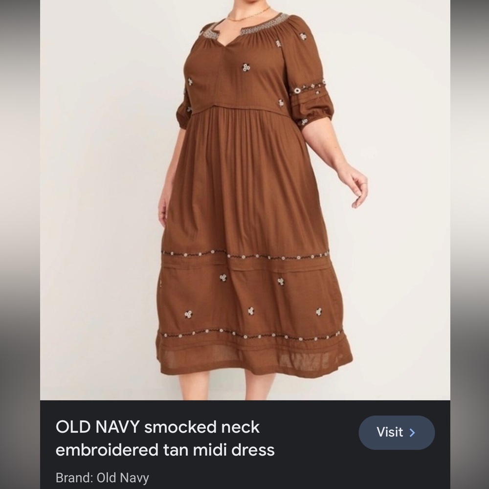 OLD NAVY smocked neck embroidered tan midi dress